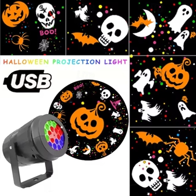  Proiector de Halloween, lumină de noapte, dovleac, liliac, fantomă, modele dinamice, lampă de zână cu alimentare USB, pentru dormitor, cameră, petrecere, decor interior