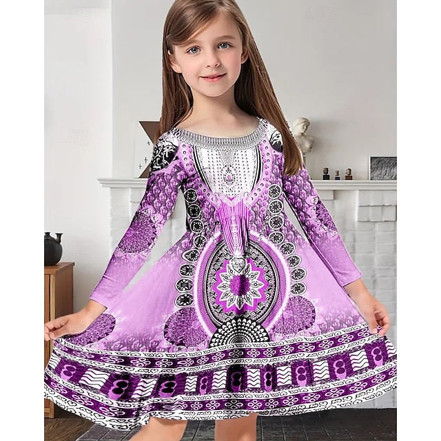  Tyttöjen 3D Kuvitettu Mekko Pitkähihainen Kesä Kevät Loma Päivittäin Pyhäpäivä Prinsessa Kaunis Makea Lapset 4-12 vuotta Rento mekko A linjainen mekko Polvipituinen Normaali