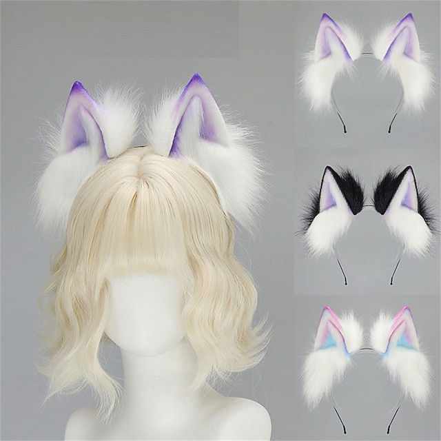  Bandă de păr cu urechi de pisică cu gradient de dopamină, cu urechi de vulpe și lup întunecate – urechi de animale lucrate manual pentru Halloween, cosplay, petrecere și jocuri de rol