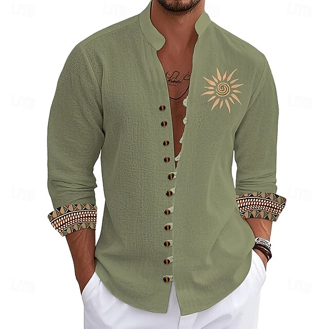 Men's Sun Ethnic Indian Culture Shirt Stand Collar Shirt Long Sleeve Vintage Retro Vacation Daily Wear Going out Spring Fall Mandarin Collar Band Collar Button-Down Linen Like Shirt Green4