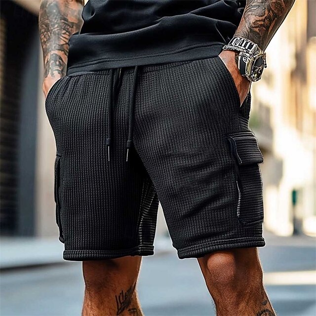Men's Waffle Shorts Cargo Shorts Shorts Summer Shorts Elastic Waist Drawstring Multi Pocket Plain Comfort Wearable Knee Length Outdoor Sport Daily Fashion Casual Black4