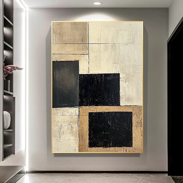  Handmade hand Painted Geometric Oil Painting Abstract Rectangles Modern Minimalist Art Textured Canvas Beige Taupe Charcoal Black Blocks Neutral Tones Contemporary Home Decor Wall Art Living Room