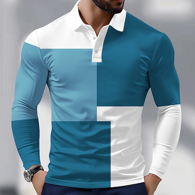  Herr Färgblock Polo Långärmad Polotröjor Skjortor med krage Business Casual Fritids- Dagliga kläder 3D-utskrift Vår Höst Rubinrött Blå Brun