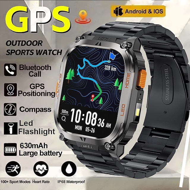 שעון חכם חדש עם GPS למעקב לגברים, IP68 עמיד למים, 2.01 אינץ', תצוגה תמידית של IPS, מצפן, קצב לב, סוללה של 630 מיליאמפר/שעה, Bluetooth, שיחות, שעון חכם לנשים