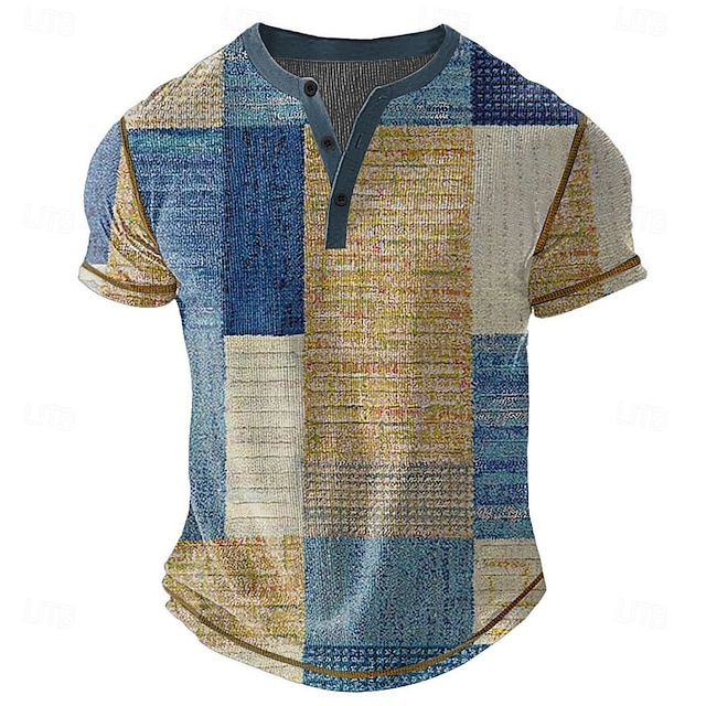  Men's Geometric Henley Shirt Waffle T Shirt Short Sleeve Daily Retro Vintage Classic Sports Outdoor Casual Holiday Spring & Summer All Seasons Dark Brown Green Blue Khaki Henley Henley T-Shirt