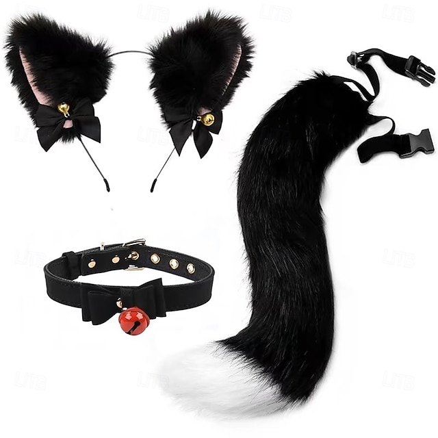  Conjunto de faixa de cabeça com orelhas de gato e cauda feito à mão – acessórios fofos para cosplay de gatinha, orelhas e cauda de animais para Halloween, festa e fantasias