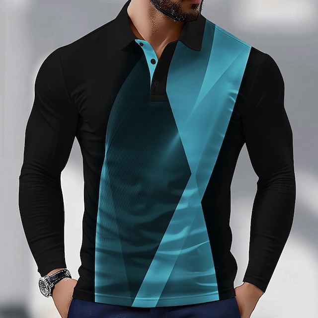  Homme Géométrique Ligne Polo manche longue Polos Chemises à Col Vêtement décontracté de travaile Athleisure Tenue quotidienne Impression 3D Printemps Automne Bleu Clair Blanche Bleu
