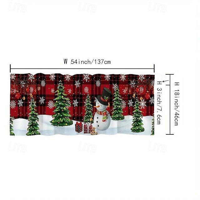  クリスマスキッチンショートカーテン1枚 - お祝いの雪だるまとチェック柄のデザイン、半透明の農家スタイル、ポールポケット付きで、リビングルーム、寝室、バスルームの装飾に最適です。