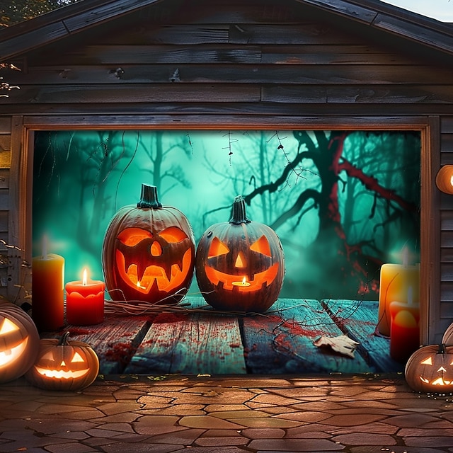  Halloween Pokrywa Drzwi Garażowych – Nawiedzona Dyniowa Plantacja pod Blaskiem Księżyca Duża Dekoracja na Zewnątrz Łatwy Montaż na Halloween 2025 na Zewnątrz