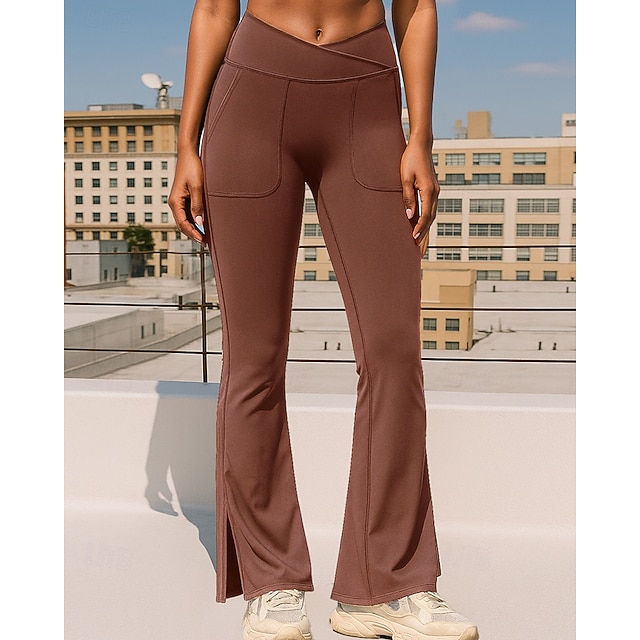  Dame Løbebukser flare leggings Lomme Høj Talje Underdele atletiktøj Træningscenter Træning Efterår Åndbart Mavekontrol Gym Træning Udendørs Atletik Regulær Sportstøj Sportstøj Ensfarvet Sort Grøn