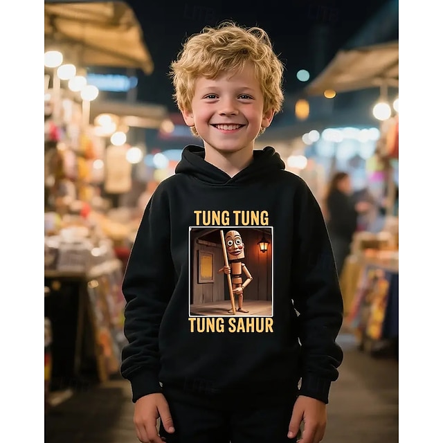  Moletom casual de manga comprida para meninos com estampa tung tung tung sahur 3d, moda primavera outono, streetwear, crianças de 4 a 12 anos, com capuz, casual para atividades ao ar livre, ajuste
