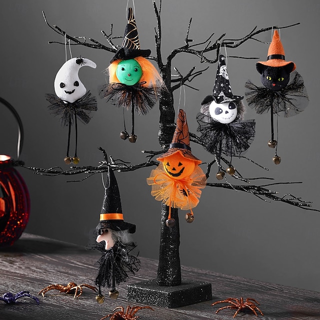  Závěsná ozdoba na halloweenskou panenku čarodějnice, kreslený zvonek s tylovou sukní, dýně, duch a plyšové přívěsky s černou kočkou pro vnitřní i venkovní halloweenské párty a domácí dekorace