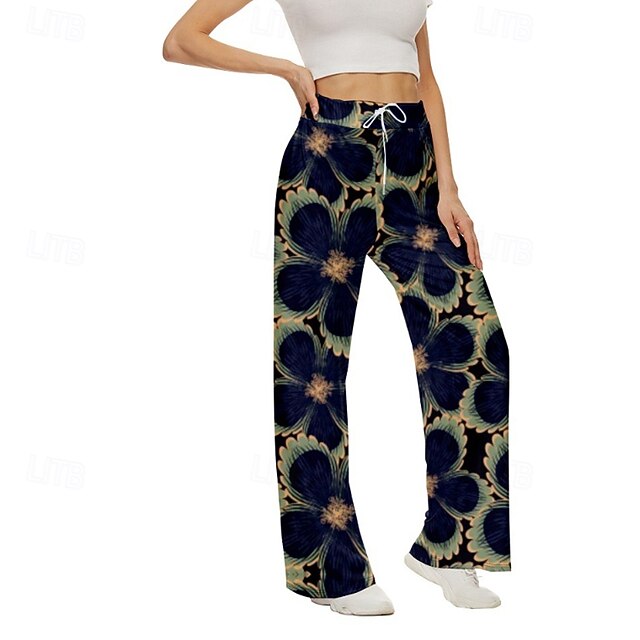 Women's Wide Leg Slacks Streetwear Casual Full Length Natural Flower Print Elastic Drawstring Design Comfortable Street Holiday Daily Wear Black Fall Regular Fit4