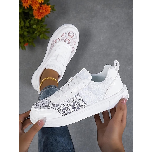  Teniși albi cu șiret din plasă pentru femei – pantofi sport ușori, cu imprimeu floral, pentru ieșiri de primăvară, parcuri și ținute de zi cu zi