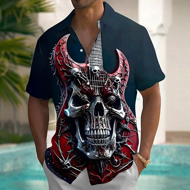 Men's Boardmasters Skull Guitar Shirt Summer Shirt Button Up Shirt Short Sleeve Vintage Retro Outdoor Vacation Dailywear Summer Spring Turndown 3D Print Collared Shirts Front One Pocket Dark Blue4