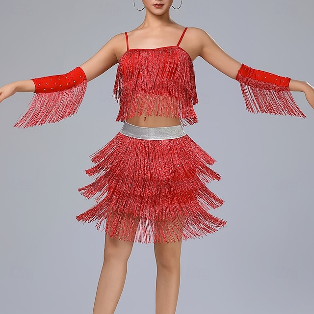  Latin Dance Skirts Tassel Pure Color Splicing Women's Performance Training Sleeveless High Polyester