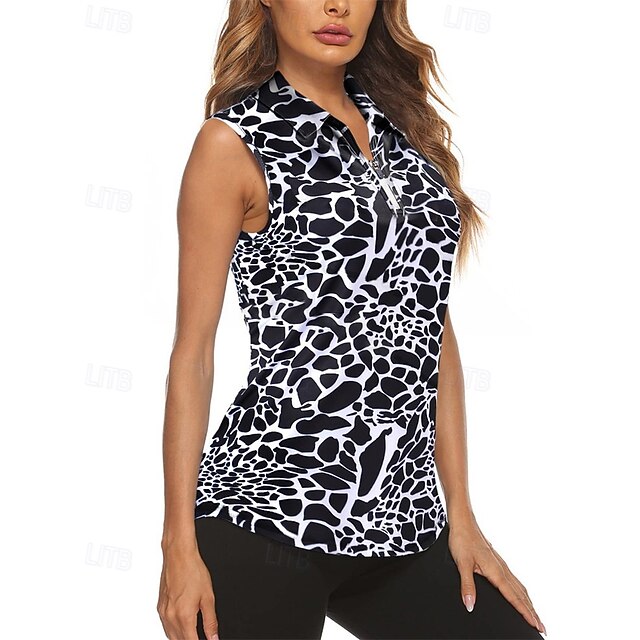 Women's Graphic Leopard Sport Shirt Golf Polo Shirt Tennis Shirt Sleeveless Zipper High Elasticity Moisture Wicking Breathable Tennis Golf Pickleball Turndown Zip Collar Shirt Top Black Tennis3