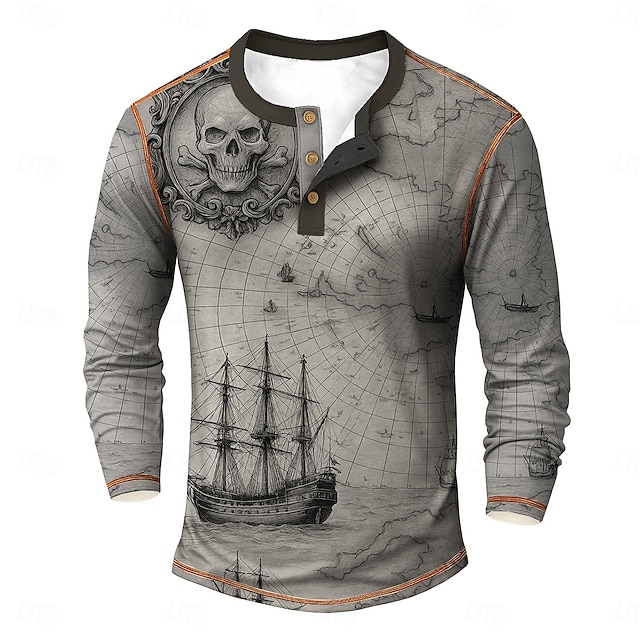  Férfi Koponya minta Csónak Henley ing Pólók Hosszú ujj Szüret Divat Dizájn Szabadtéri Hétköznapi Napi Tavasz & Ősz Sötétszürke Kék Zöld Khakizöld Henley Henley póló