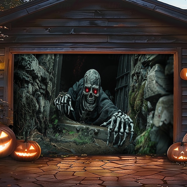  Housse de porte de garage d'Halloween bannière de fond – Champ de citrouilles illuminé par la lune avec des mains de zombie décoration surdimensionnée pour le jardin avant d'Halloween 2025 comprend