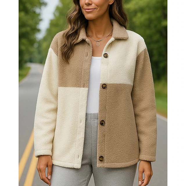 Women's Teddy Bear Fleece Coat Lapel Jacket Long Sleeve Top Athleisure Color Block Windproof Warm Outdoor Sportswear Activewear Khaki4