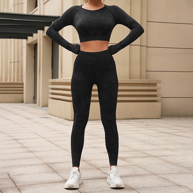  Dam 2 delar Yogatröja Loungekläder Höst Ensfärgat Träningsdräkter Svart Ljusröd Gymträning Hög midja Stretch Andningsfunktion Långärmad Sport Sportkläder Smal