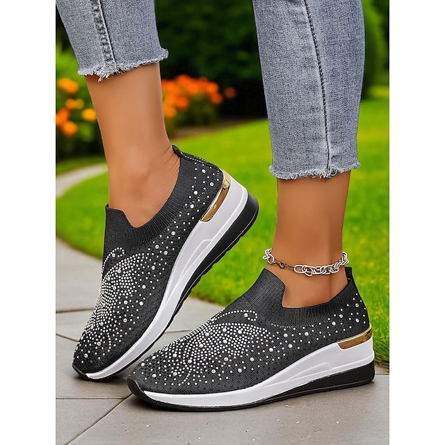  naisten strassikuvioiset flyknit-slip-on-lenkkarit – kimaltavat kiilakorkoiset kengät festivaaleille, matkoille ja arkimuotiin