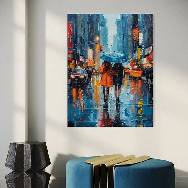  Peinture à l'huile sur toile peinte à la main, paysage urbain pluvieux, peinture acrylique faite à la main, art mural, peinture à l'huile sur toile peinte à la main ...