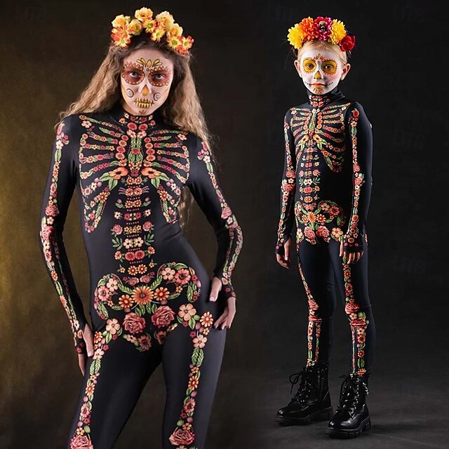  schedel skelet suikerschedel bodysuit halloween groepskostuums voor koppels catsuit voor het hele lichaam griezelig kostuum heren dames jongens kinderen volwassenen optreden feest club halloween