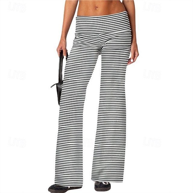  Mulheres Perna larga Calças Calça Palazzo Moda Roupa de rua Comprimento total Natural Listrado Cintura elástica Respirabilidade Confortável Rua Roupa Diária Para Noite Preto 1 # Preto Rosa claro