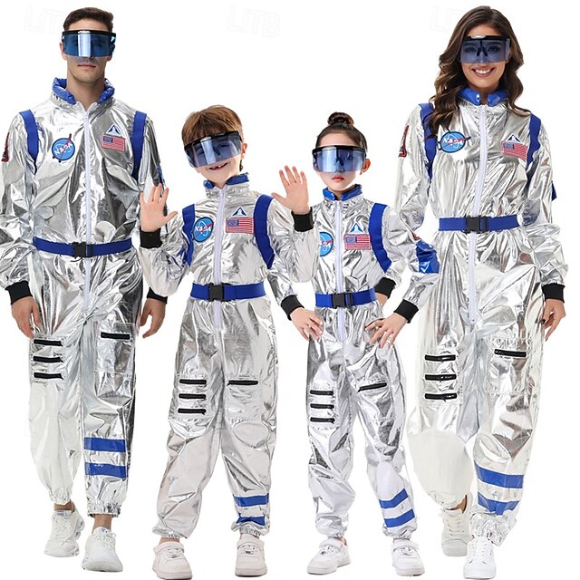 Couples Astronaut Costume Jumpsuit Carnival Costume Onesie with Mask Group Costumes Silver Space Suit for Men Women with Embroidered Patches 15
