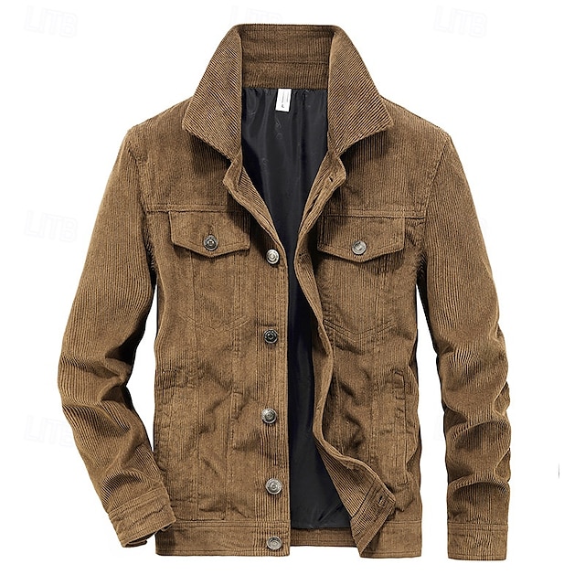  Men's Corduroy Jacket Cargo Jacket Casual Jacket Vacation Daily Pocket Fall Winter Plain Fashion Classic Lapel Regular Black Khaki Coffee Gray Jacket
