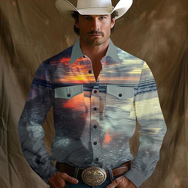 Men's Ocean Sunset Western Shirt Button Up Shirt Cowboy Shirt Long Sleeve Hawaiian Outdoor Holiday Summer Spring Fall Turndown Collared Shirts Front Two Pockets Blue4