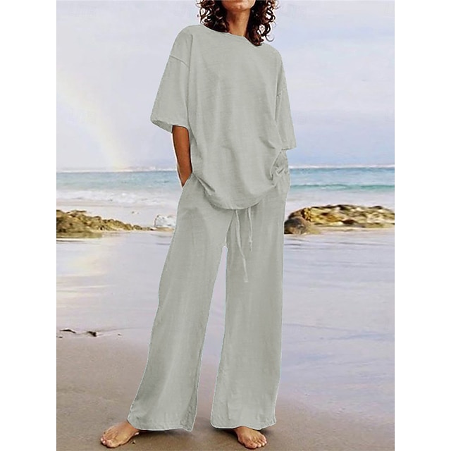 Casual Solid Color Cotton Linen Vest & Lace-Up Pants Two-Piece Set
