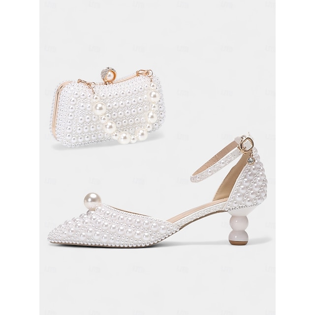  Γυναικείο σετ νυφικών παπουτσιών και clutch με μαργαριτάρια - κομψές γόβες με μυτερή μύτη και λουράκια μέχρι τον αστράγαλο, σχέδιο με χάντρες και ασορτί βραδινή τσάντα, ιδανικές για επίσημους γάμους