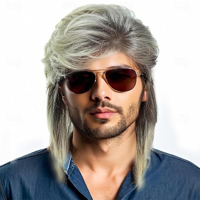  Parrucca mullet lunga bicolore grigio-biondo in stile anni '80, accessorio per feste in costume