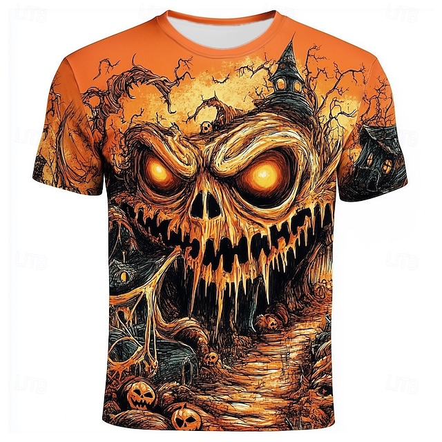  Halloween Miesten 3D Print Kurpitsa 3D T-paita Lyhythihainen T-paita 3D-tulostus Tiukka pyöreä kaula-aukko Paita Liioiteltu Suunnittelija Kauhu Juhla Katu Kausaliteetti Oranssi 3 Oranssi Oranssi 2