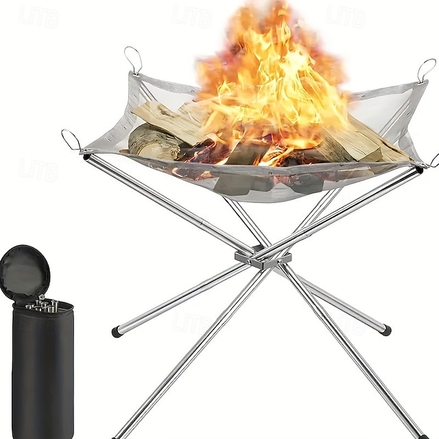  tragbare 1-teilige faltbare Camping-Feuerstelle aus Stahlgeflecht - Lagerfeuerständer für Holz im Freien mit Aufbewahrungstasche - 42 cm