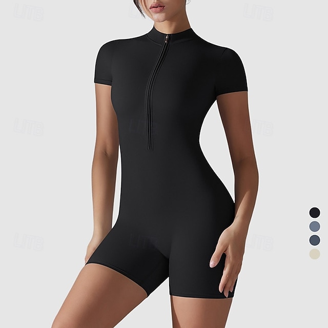  Dam Scrunch Yoga Romper Träningsjumpsuits Dragkedja Ensfärgat Kroppsdräkt Svart Blå Gymträning Volleyboll Löpning Hög midja Stretch Andningsfunktion Magkontroll Kortärmad Sport Sportkläder Tight