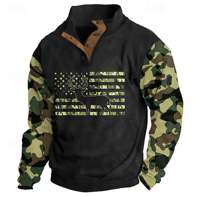 Men's Sweatshirt Black Standing Collar Reindeer Camo / Camouflage American Flag Print Daily Holiday Going out Polyester Streetwear Casual Fall Winter Clothing Apparel Hoodies Sweatshirts  Long Sleeve2