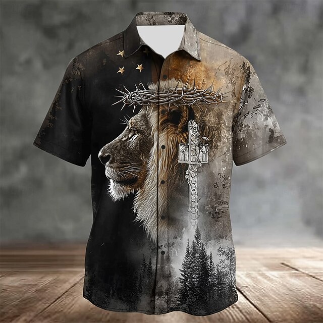 Men's Animal Lion Templar Cross Shirt Summer Shirt Button Up Shirt Short Sleeve Vintage Retro Dailywear Holiday Summer Spring Turndown 3D Print Collared Shirts Black4