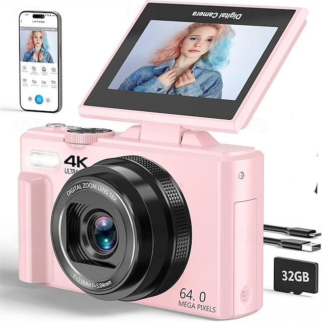  Цифровая камера 4K для фотосъемки, 64-мегапиксельная камера для видеоблогов на YouTube с поворотным экраном на 180 градусов, 18-кратным цифровым зумом, компактная камера с картой памяти micro SD на 32