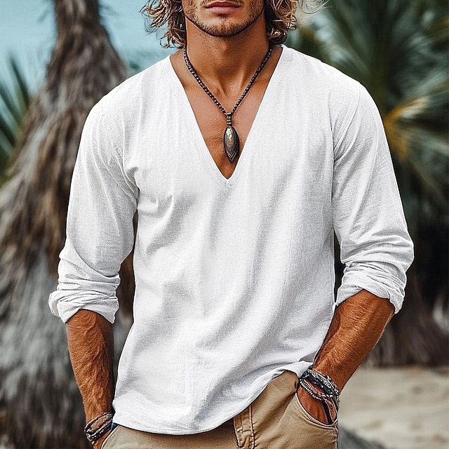  Herren Leinenhemd Popover-Hemd Sommerhemd Strandbekleidung Vintage-Shirt Ethno-Hemd Einfach Urlaub Lässig Schwarz Weiß Wein Blau Langarm V Ausschnitt Sommer Frühling Bekleidung