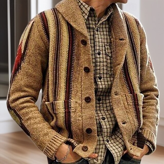 Men's Sweater Cardigan Sweater Ribbed Knit Regular Tops Button Up Geometric Shawl Collar Vacation Fashion Casual Daily Wear Clothing Apparel Winter khaki M L XL4