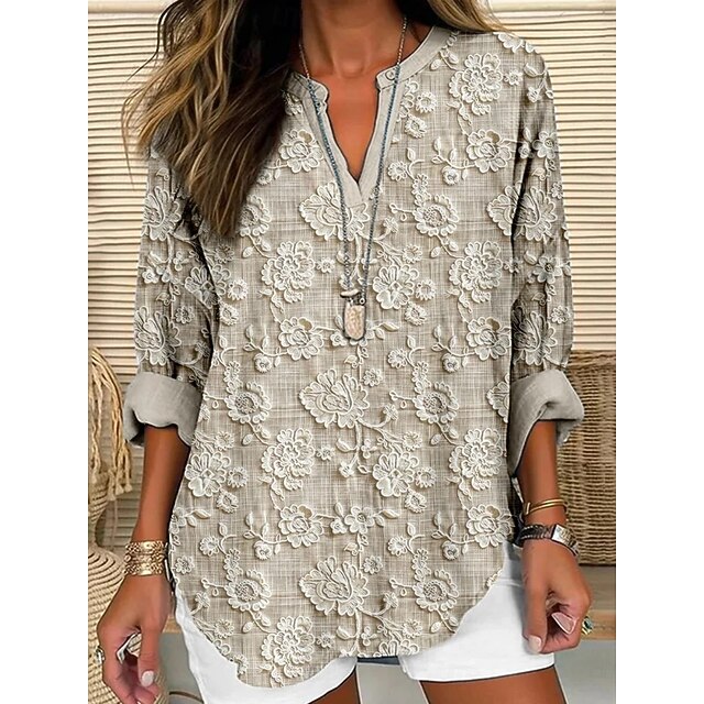  Femmes Chemise Fleuri 3D Quotidien Occasionnel manche longue Col en V Hauts Réguliers Quotidien Fête Boutons Imprimé Kaki Printemps Automne