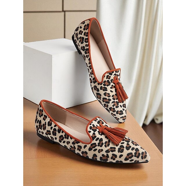  sapatilhas femininas com estampa de leopardo e borlas - sapatos de bico fino estilo retrô com detalhes em laranja e salto bloco para uso diário &passeios casuais