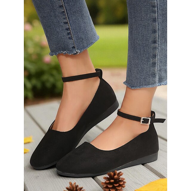 Women's Black Ankle Strap Faux Suede Flats – Elegant Casual Ballet