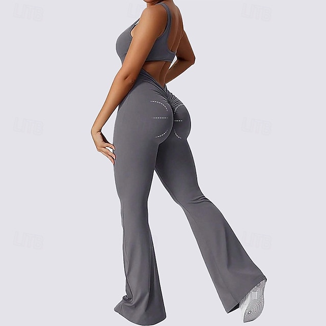  Dam Scrunch Yoga Romper Träningsjumpsuits Öppen rygg Ensfärgat Kroppsdräkt Svart Kaffe Gymträning Volleyboll Löpning Hög midja Stretch Andningsfunktion Magkontroll Sport Sportkläder Tight passform