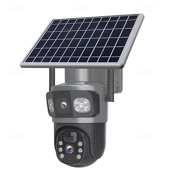  Dupla lencsés, napelemes vezeték nélküli kültéri biztonsági kamera 8 megapixeles felbontással, 355 fokos forgathatósággal, színes éjjellátóval, reflektorral/riasztóval, mozgásérzékeléssel, kétirányú
