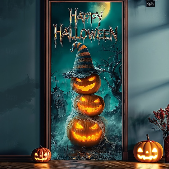  Halloween Dør Covers Dør Jack O Lantern Tapestry Dør Gardin Dekoration Baggrund Dør Banner til Frontdør Landsbyhus Feriefest Indendørs Udendørs Dekorationsartikler