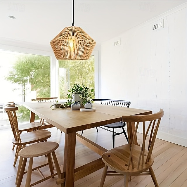  luminária pendente de vime, luminária boho com diâmetro de 30 cm, abajur de vime, luminária pendente vintage e27, trançada para teto para mesa de jantar, cozinha, quarto, sala de estar